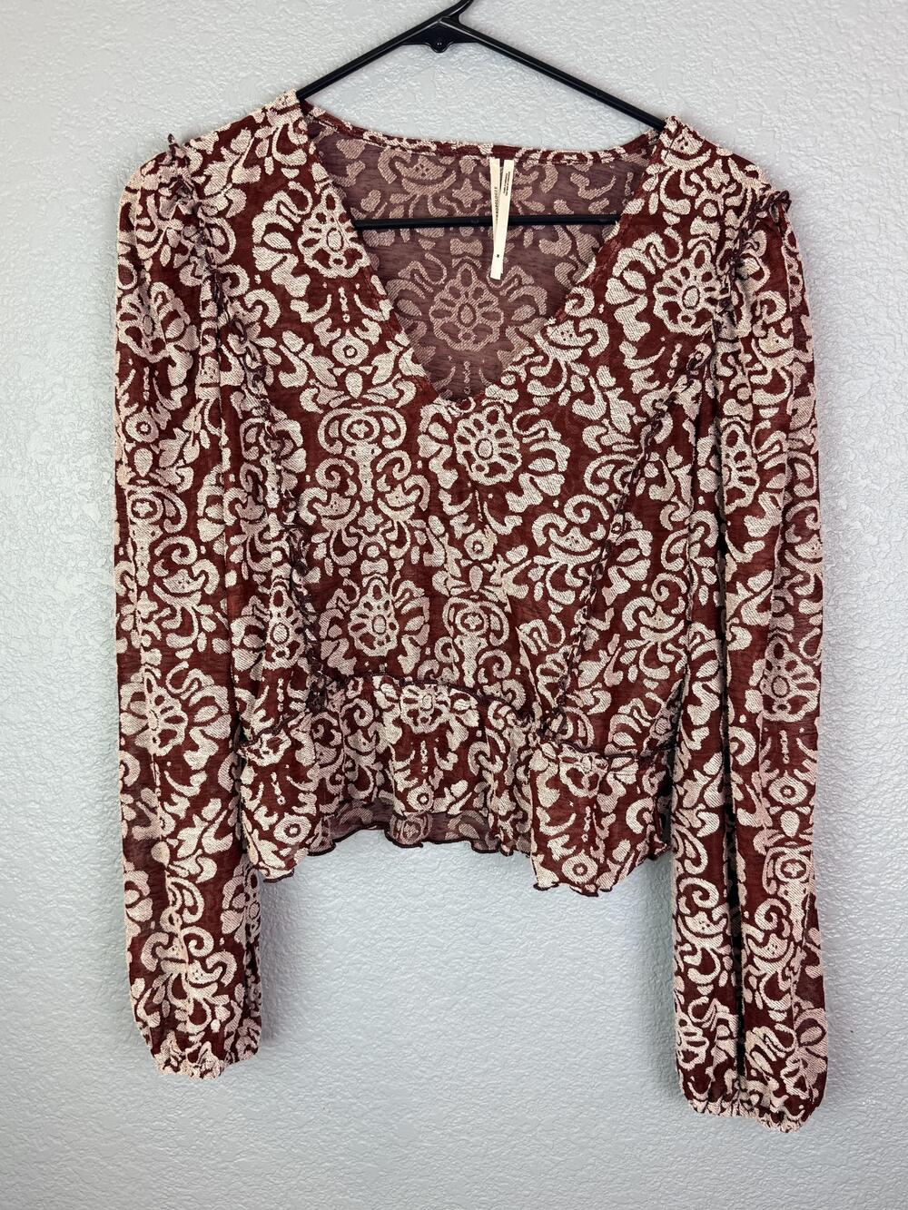 Anthropologie Blouse Womens Medium Brown Floral Cropped Puff Sleeve Boho Top